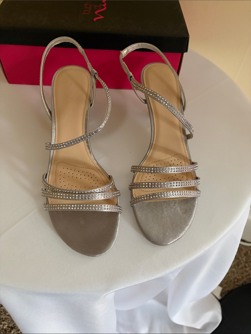 Touch of Nina Silver Rhinestone Strappy Slingback Heels